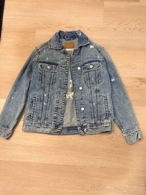 Bluenotes Distressed Boyfriend Denim Jacket in Light Blue
